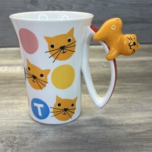 Indra Orange Cat Mug Hand Painted Polka Dot 10oz Fine Stoneware Kitty 3D